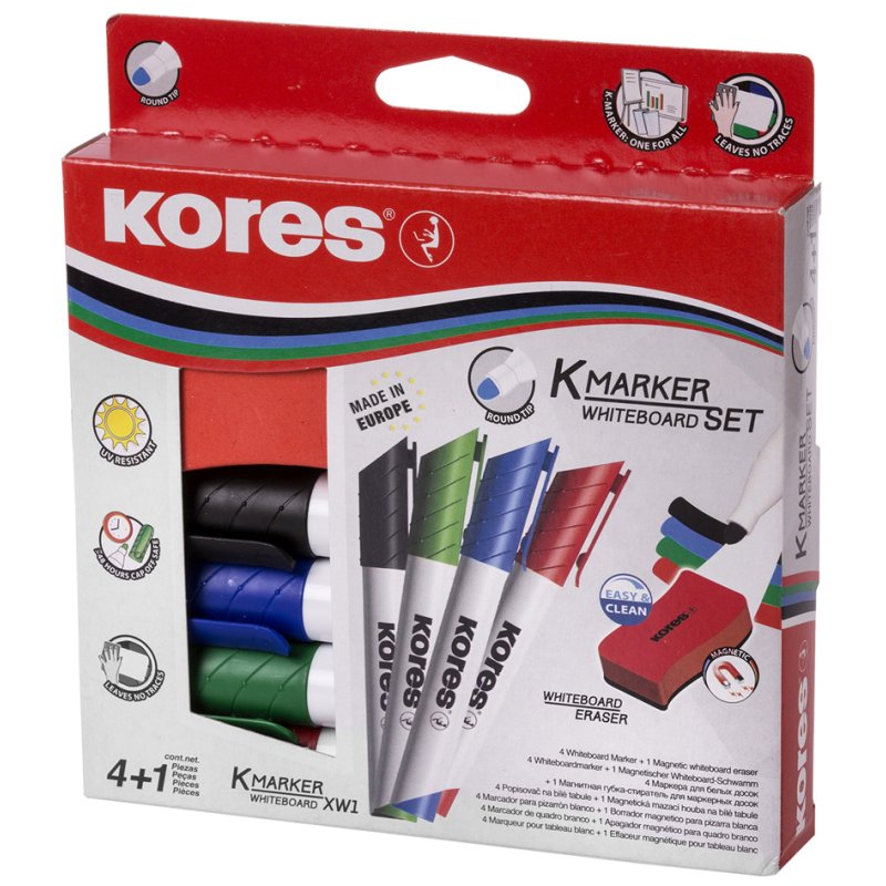 Kores whiteboard marker set, 4 colours, magnetic eraser, 3.0 mm