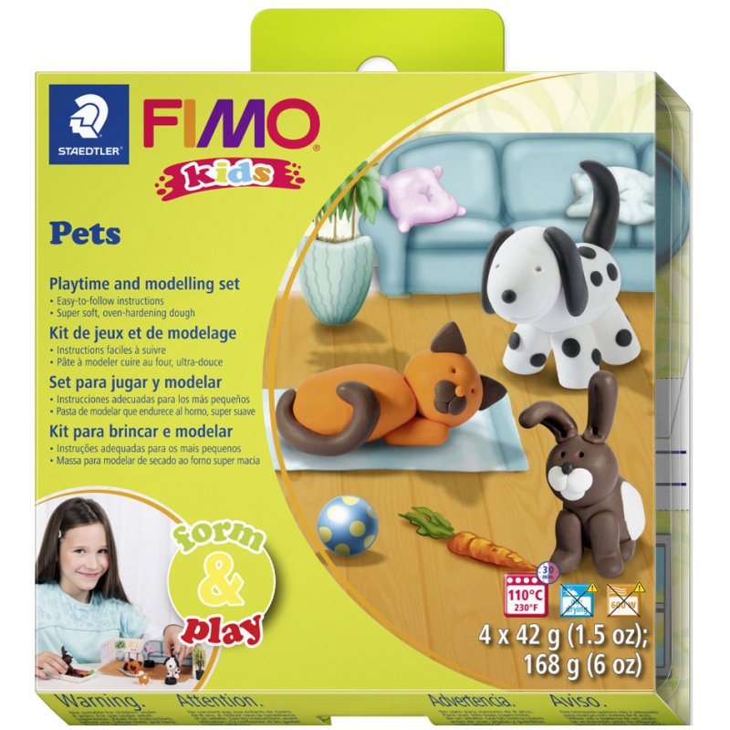 FIMO kids pâte à modeler set Form & Play animaux domestiques, durcissant au four, 4×42 g, blanc/orange/marron/noir