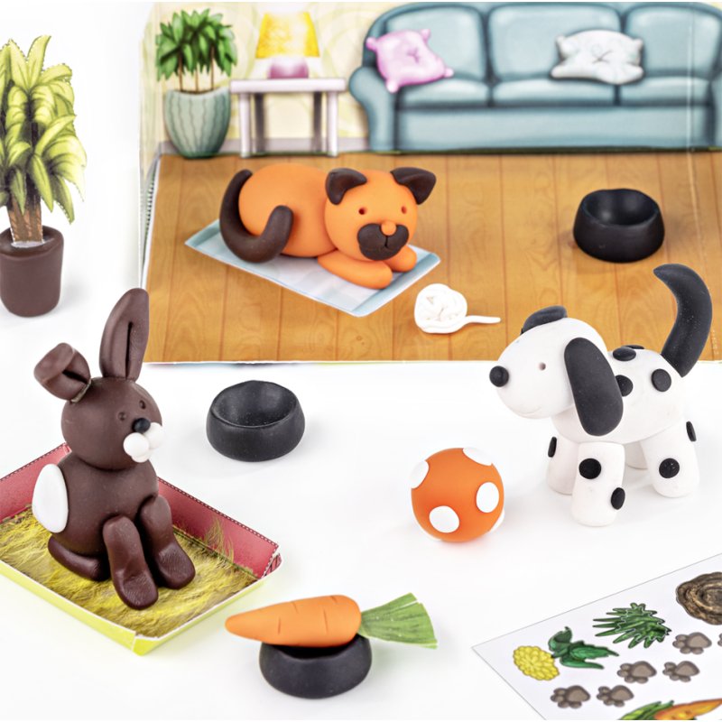 FIMO kids pâte à modeler set Form & Play animaux domestiques, durcissant au four, 4×42 g, blanc/orange/marron/noir
