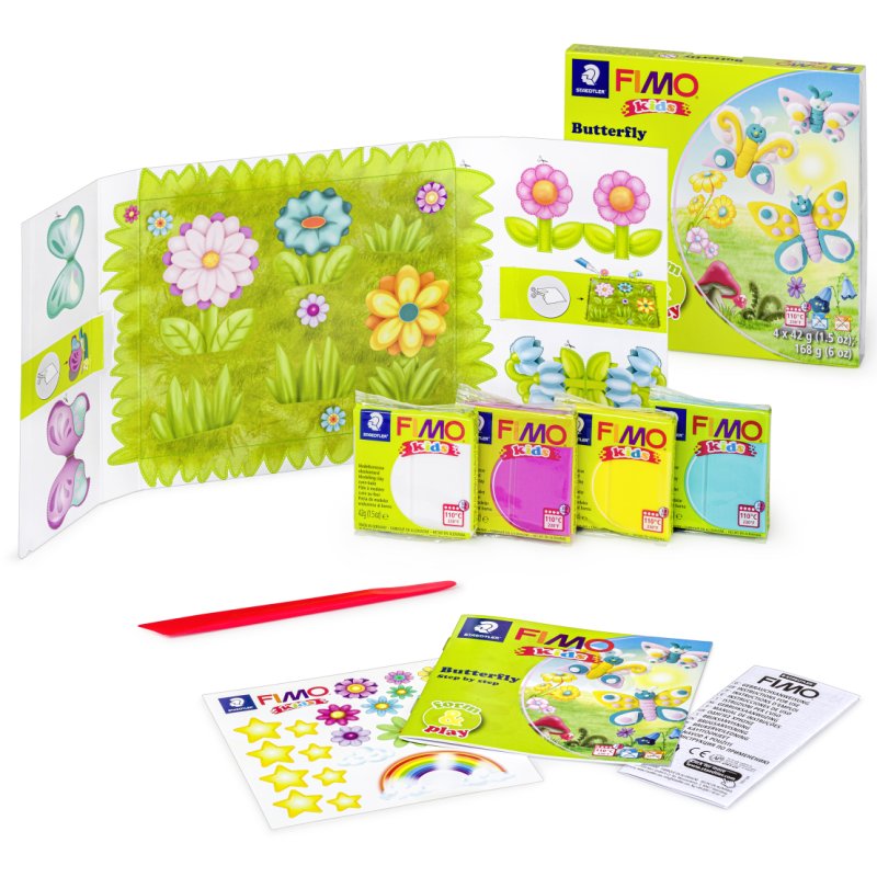 FIMO Kids boetseerklei set vlinders Level 1, ofenhardend, 4×42 g, geel/roze/turquoise/glitter-wit