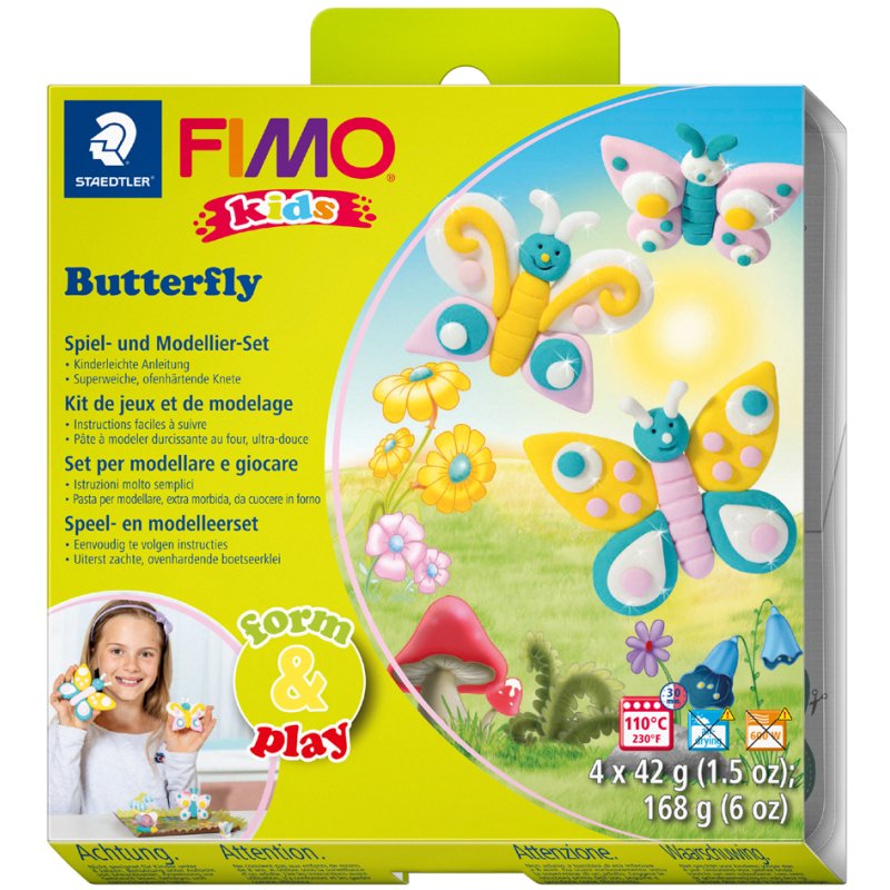 FIMO Kids boetseerklei set vlinders Level 1, ofenhardend, 4×42 g, geel/roze/turquoise/glitter-wit