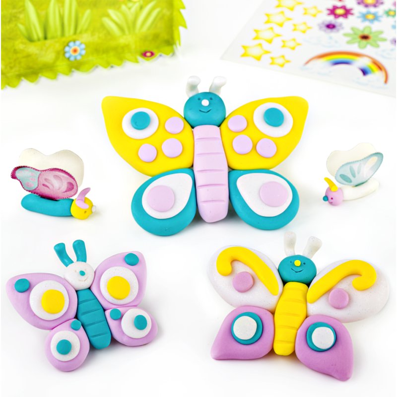 FIMO Kids boetseerklei set vlinders Level 1, ofenhardend, 4×42 g, geel/roze/turquoise/glitter-wit