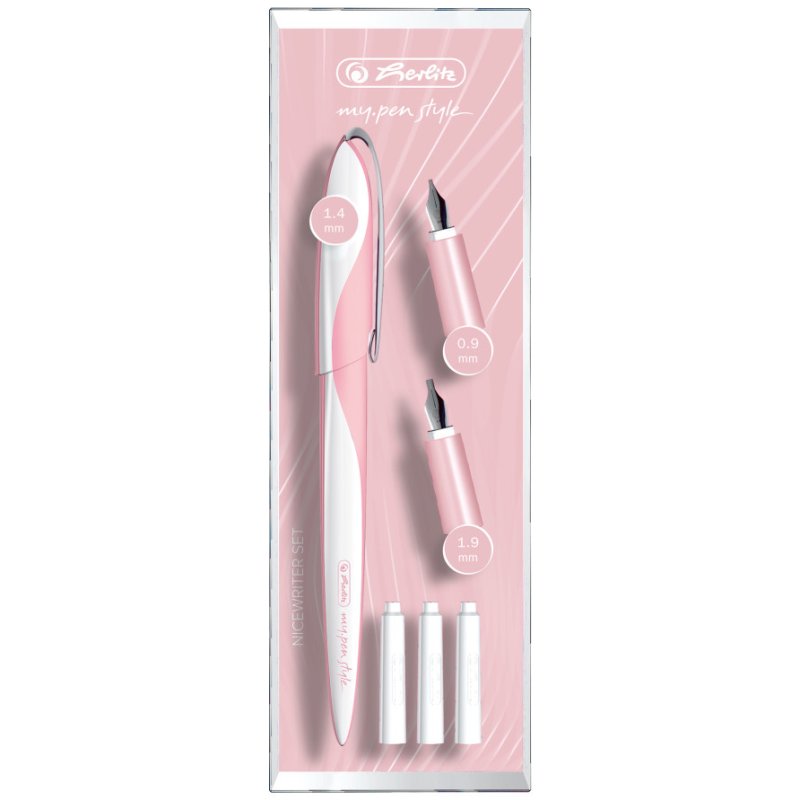 herlitz ensemble de calligraphie my.pen Nicewriter Style Rose, blanc/rouge, 3 plumes feutre, ergonomique