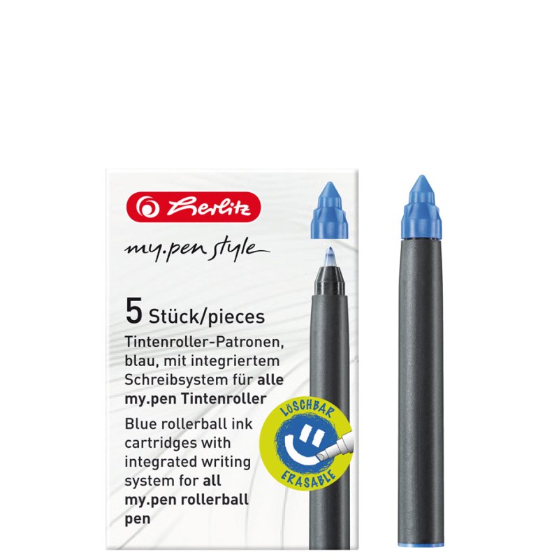 Herlitz recharges stylo roller, encre effaçable, bleu royal, 5 pièces