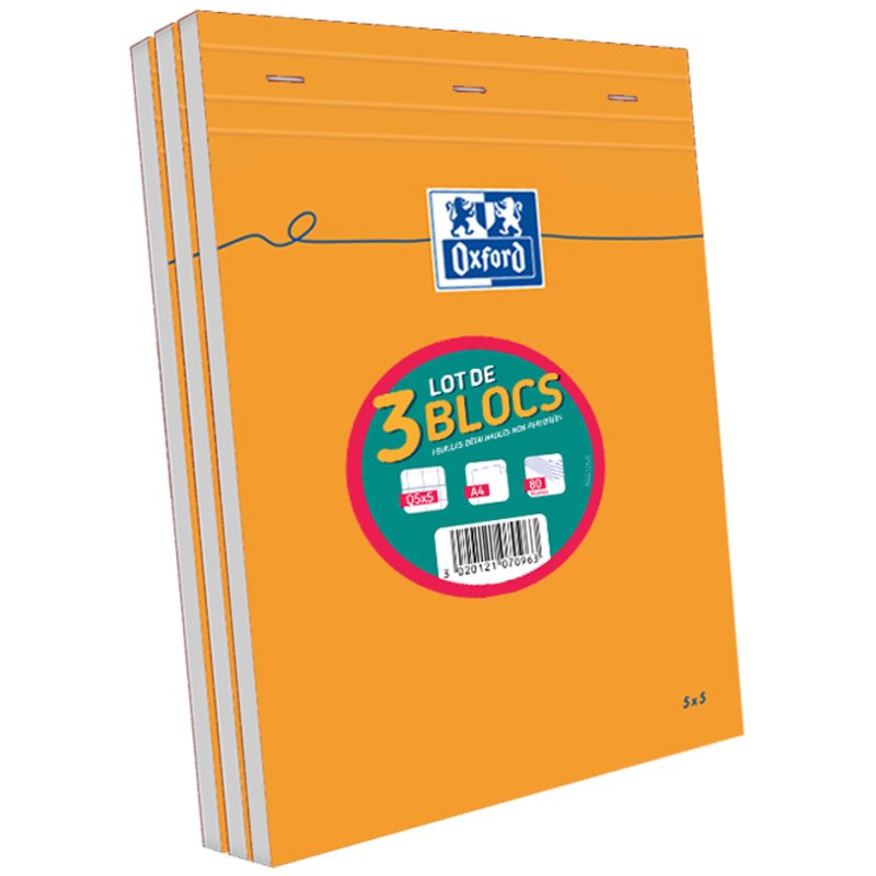 Oxford bloc-notes A4 quadrillé, orange, 80 feuilles, 3 pièces