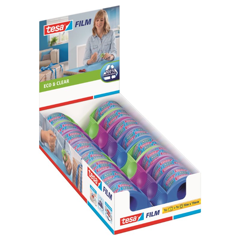 tesa ecoLogo Mini distributeur de ruban adhésif, rechargeable, comprend eco & clear tape