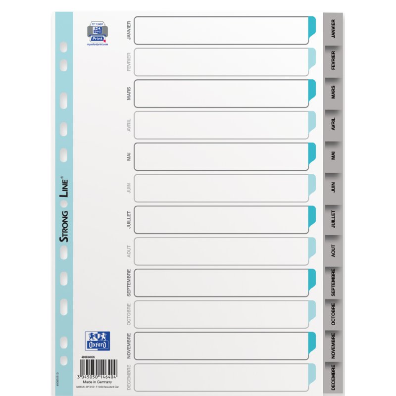 Oxford monthly index A4 January–December, PP 0.12 mm, 12 tabs, grey