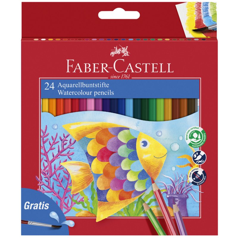 Faber-Castell crayons de couleur aquarelle, 24 pièces avec pinceau, lavable