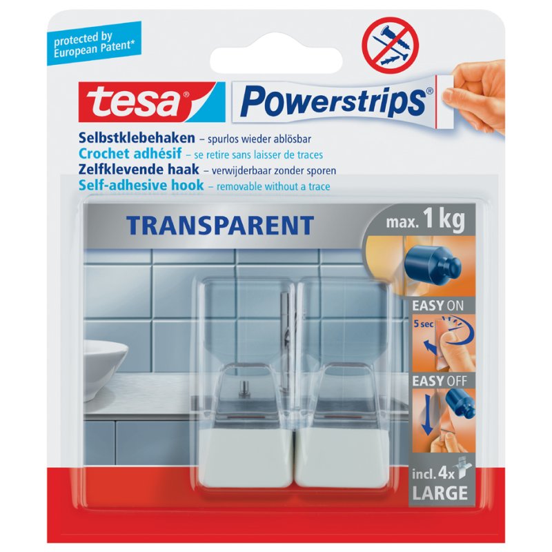 tesa Powerstrips crochets large, réutilisables, transparent/blanc, max. 1,0 kg