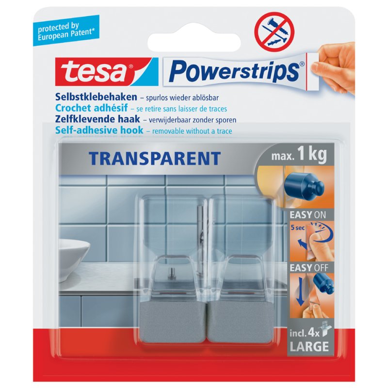 tesa Powerstrips crochets large, réutilisables, transparent/blanc, max. 1,0 kg