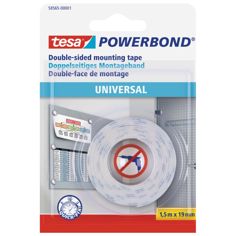 tesa Powerbond bande de montage double face universelle, blanc, 19 mm × 1,5 m