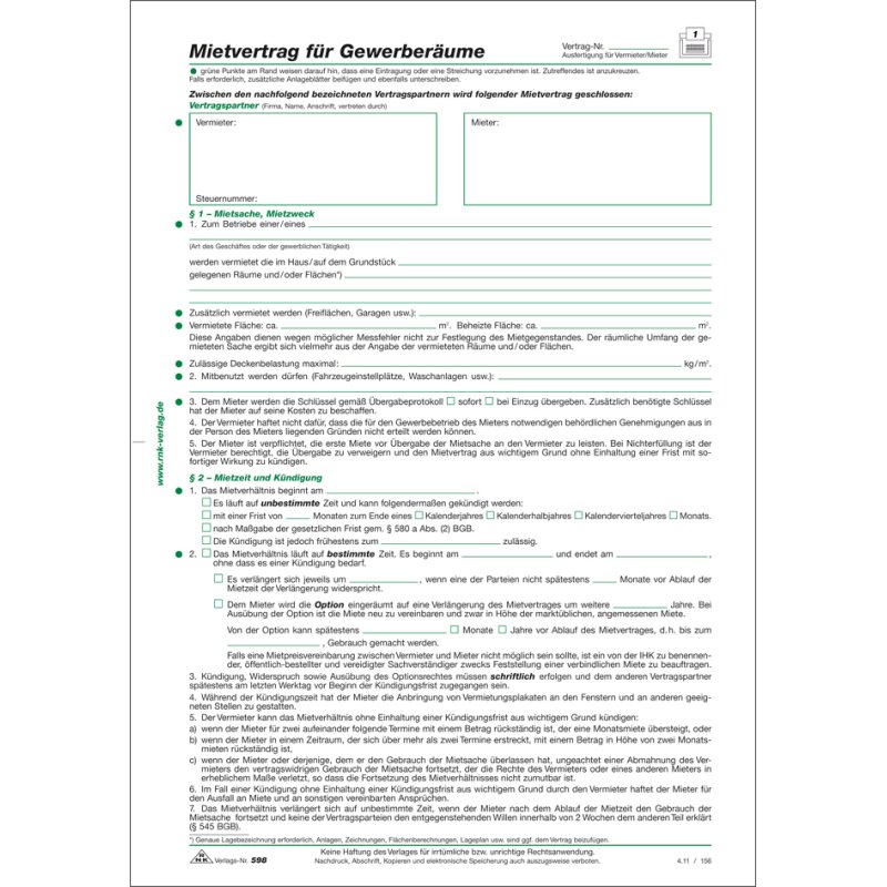 RNK Verlag commercial premises rental contract forms, white, A4, 6-sided, 10 pieces