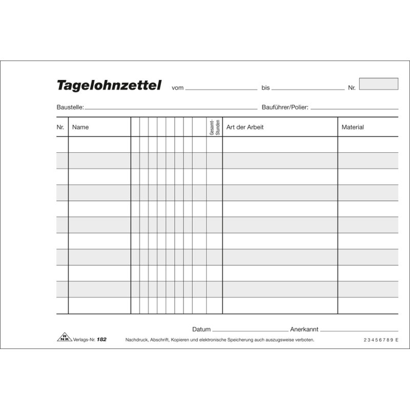 RNK Verlag daily wage form pad, white, self-copying, DIN A5 landscape, 3 × 40 sheets