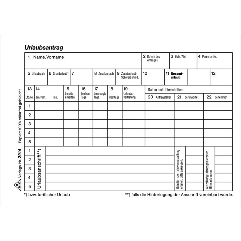 RNK Verlag holiday leave form pad, white, DIN A6 landscape, 50 sheets
