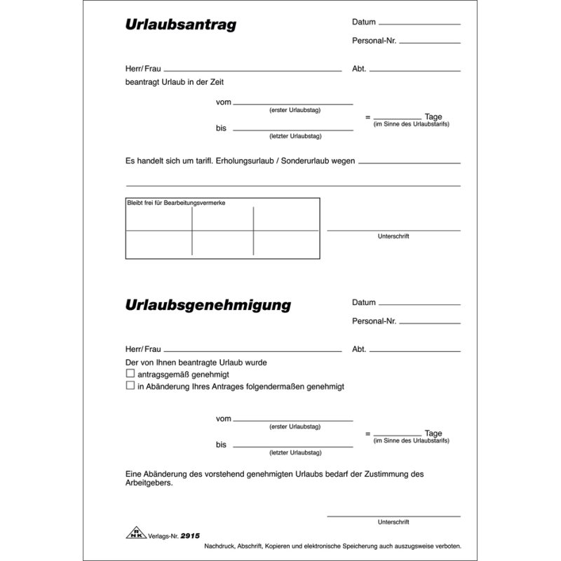 RNK Verlag leave request pad, white, A5, perforated, 50 sheets