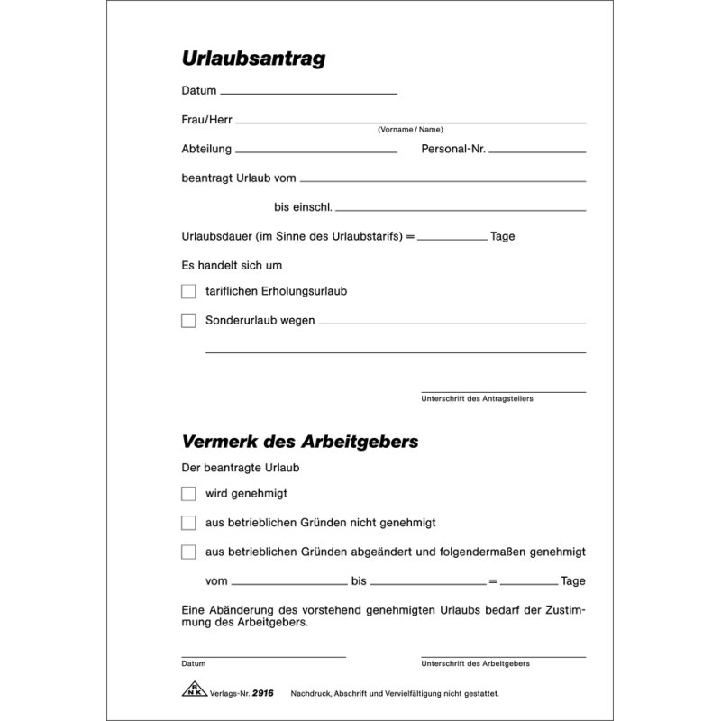 RNK Verlag holiday request forms, white, self-copying, DIN A5, 2 x 40 sheets