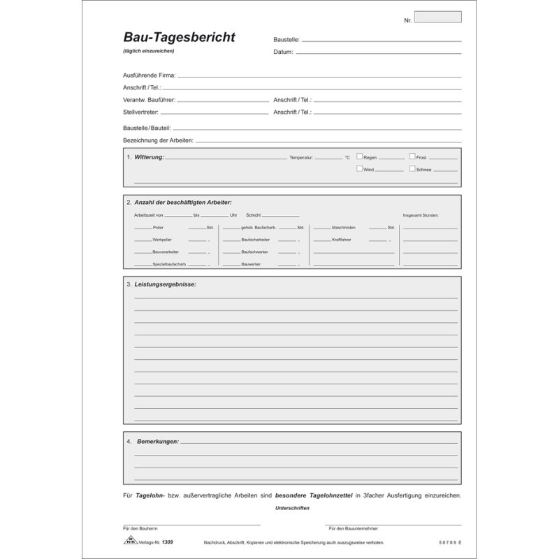 RNK Verlag construction daily report forms, self-copying, 3 × 40 sheets, white/yellow/pink