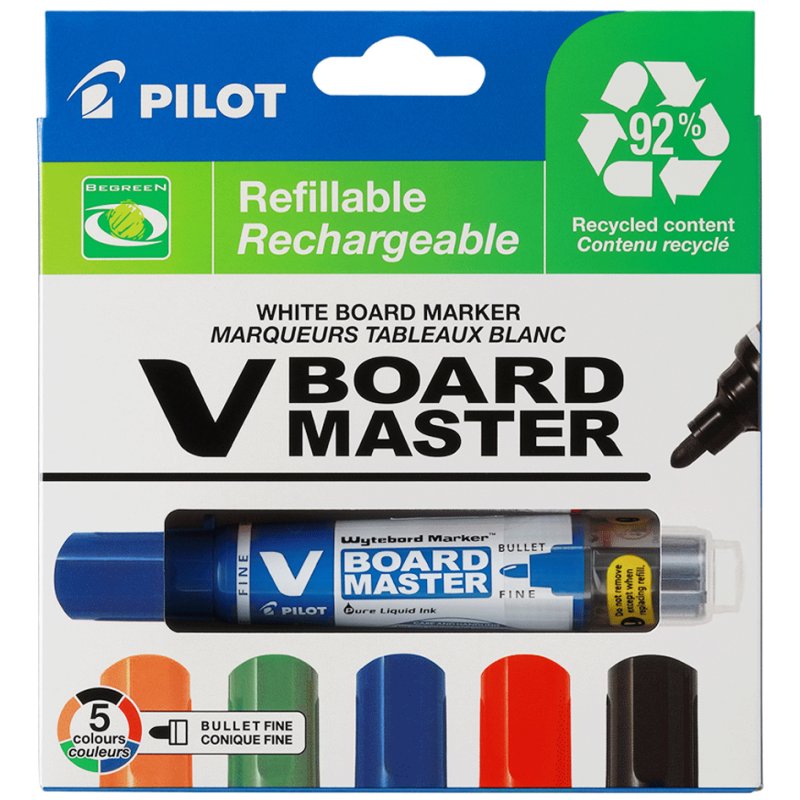 PILOT marqueurs tableau blanc V BOARD MASTER, pointe ronde, rechargeables, 5 pièces