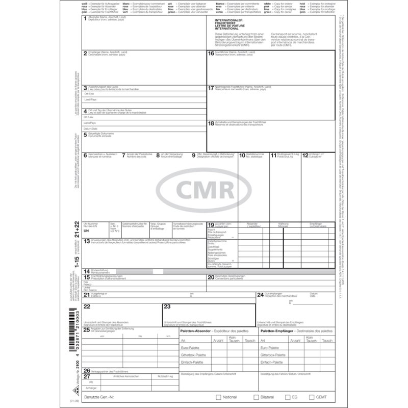 RNK Verlag International Consignment Note CMR form, white, A4, self-copying, 50 pieces