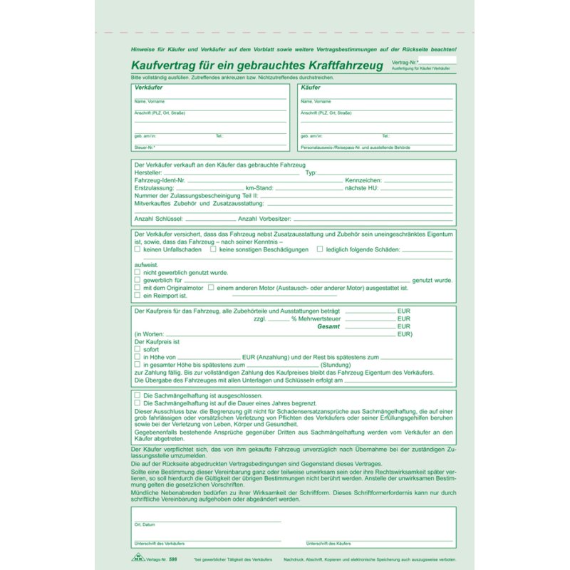 RNK Verlag used vehicle purchase contract, white, self-copying, DIN A4, 10 contracts