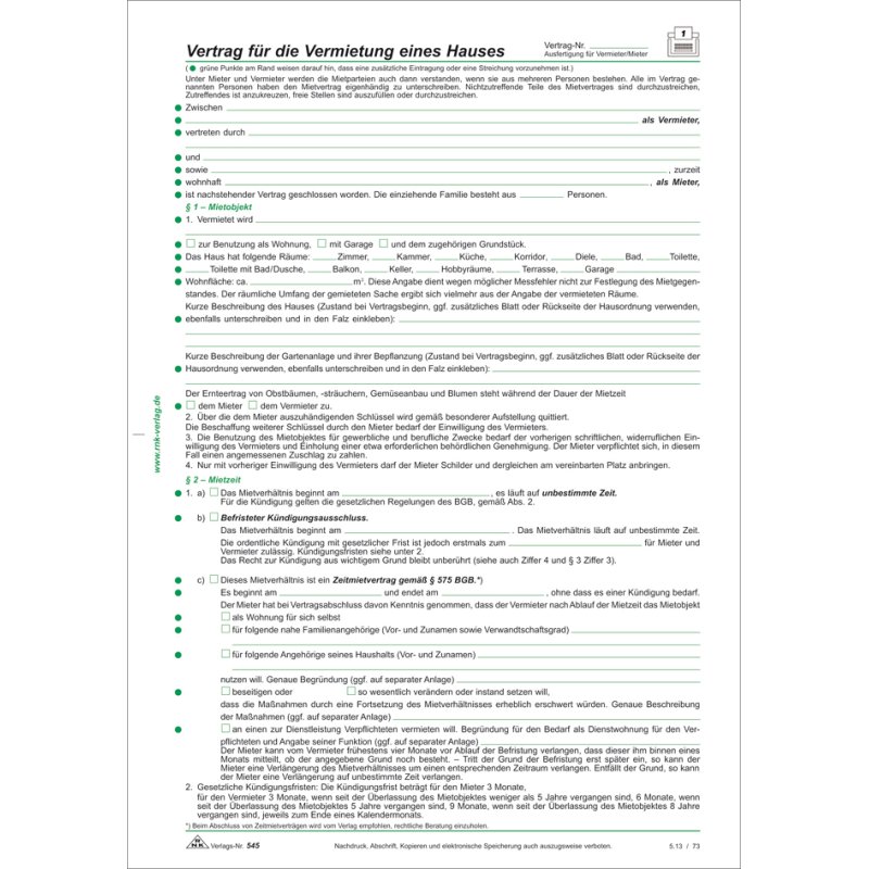 RNK Verlag residential lease contract forms, white, 8 pages A4, 10 contracts