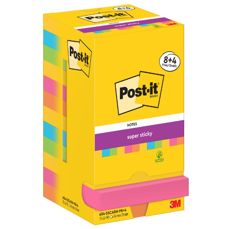 Post-it notitieblokjes super sticky, 76×76 mm, Carnival Collection, 12 blokken