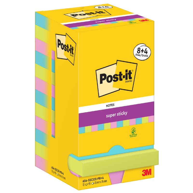 Post-it notitieblokjes super sticky, 76×76 mm, Carnival Collection, 12 blokken