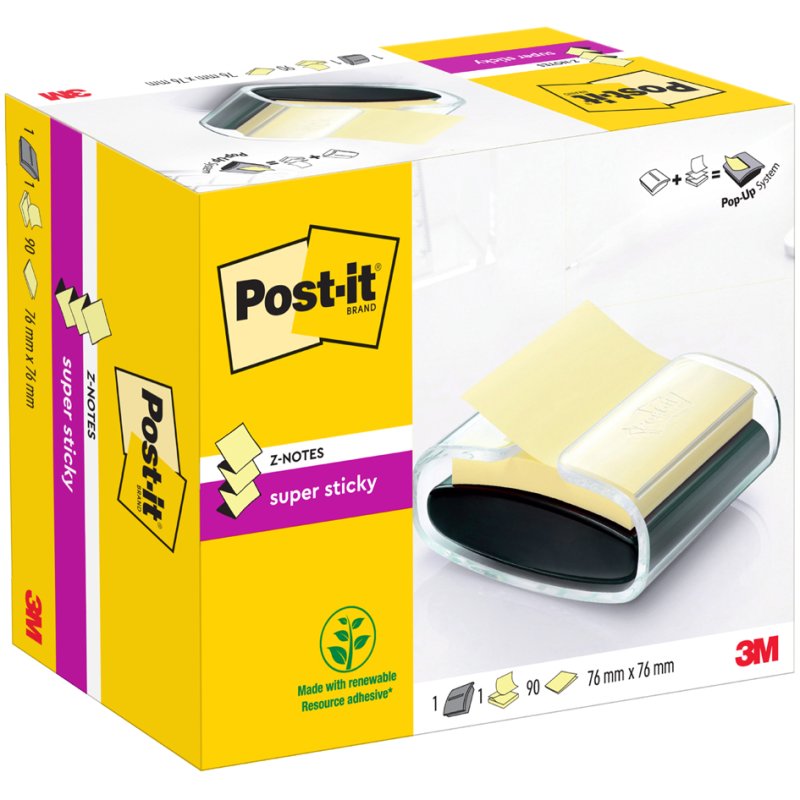 Post-it Z-Notes distributeur, noir/transparent, 76×76 mm, avec blocs-notes jaunes inclus
