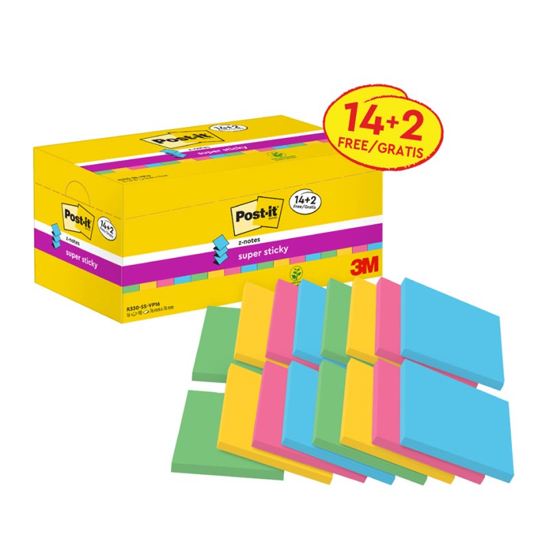 Post-it Super Sticky notes adhésifs Z-Notes, 76×76 mm, couleurs assorties, 16 blocs