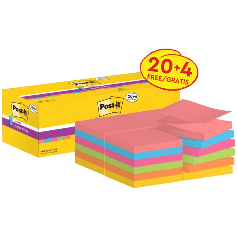Post-it Super Sticky notes adhésifs Z-Notes, 76×76 mm, couleurs assorties, 16 blocs