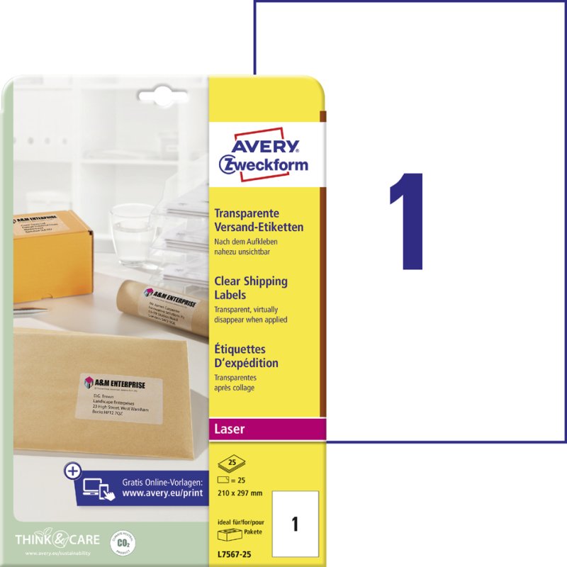 AVERY Zweckform étiquettes adresse transparentes, 210×297 mm, polyester, 25 pièces