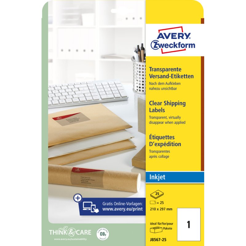 AVERY Zweckform transparante adresetiketten, 210 × 297 mm, polyester, 25 stuks