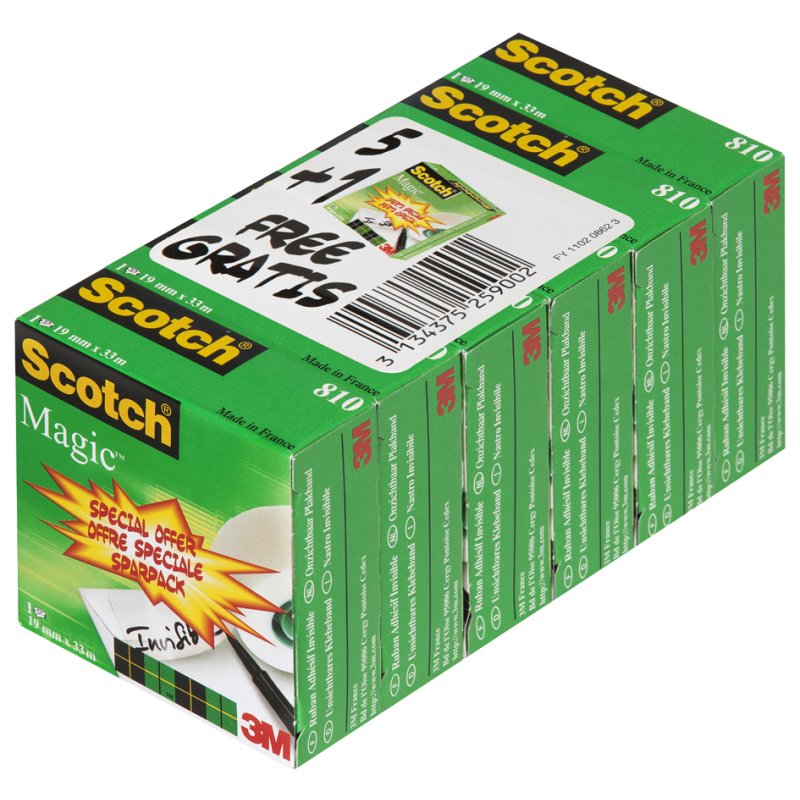 Scotch Magic plakband transparant, 19 mm × 33 m, 5+1 gratis