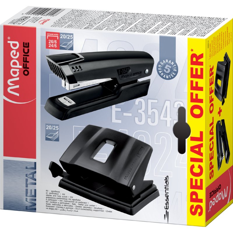 Maped ensemble agrafeuse et perforatrice Essentials, noir, capacité 25 feuilles