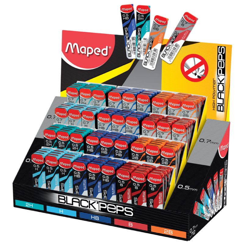 Maped mines BLACK'PEPS, 0,5 mm et 0,7 mm, 144 étuis display