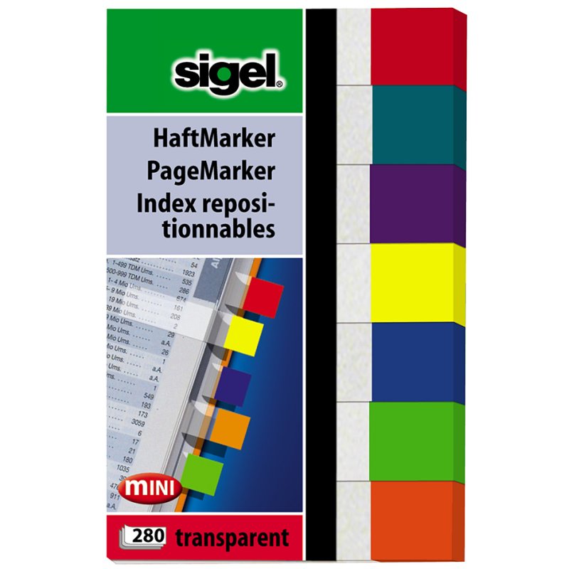 Sigel markeertabs transparant mini, 50 x 12 mm, gekleurd, 280 stuks