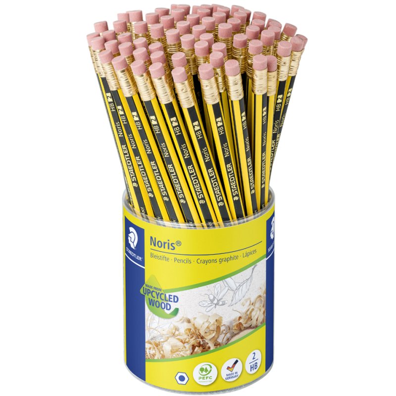 STAEDTLER Noris pencils with eraser, HB, yellow/black, 72 pieces in tube