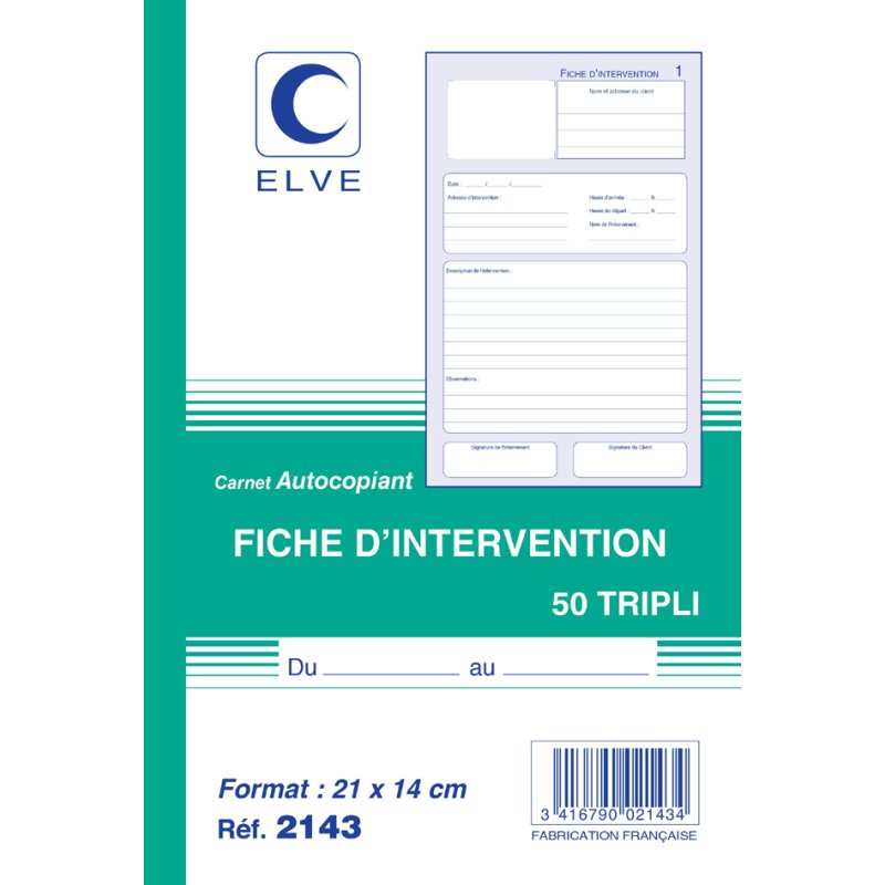 ELVE formulaire d'intervention, original + 2 copies, 210×140 mm, 50 feuilles