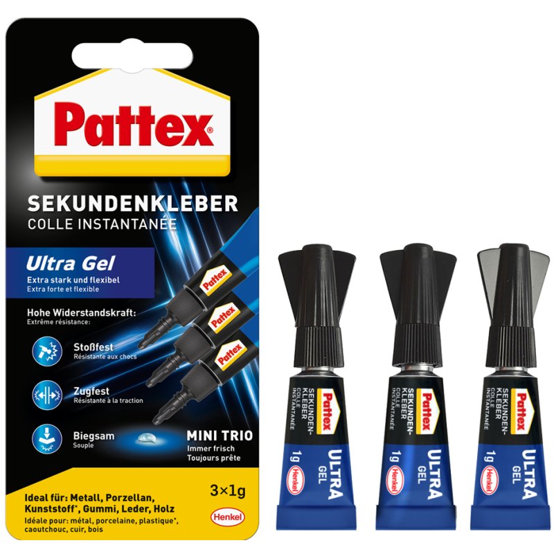 Pattex Ultra Gel Mini Trio lijm, 3 tubes van 1 gram, extra sterk