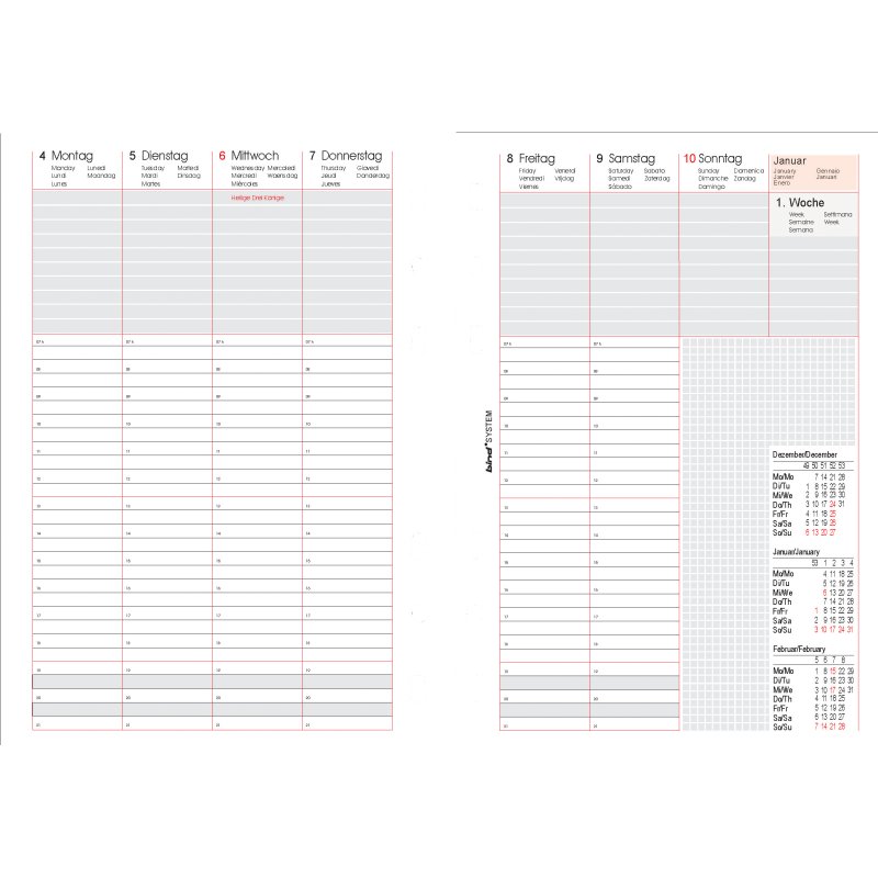 Bind vervangkalender 2027, A5 dagkalender, zwart/roze, 3-talig