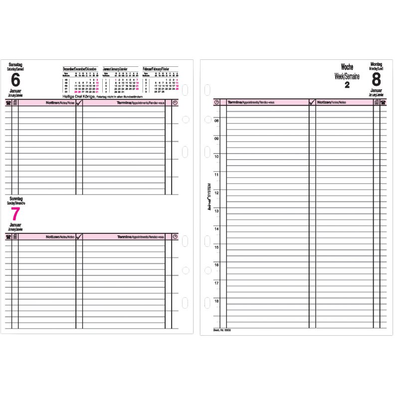 Bind vervangkalender 2027, A5 dagkalender, zwart/roze, 3-talig