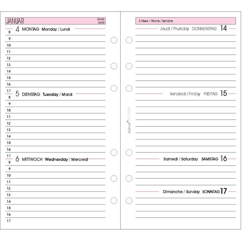 Bind vervangkalender A6 2027, 1 dag per pagina, zwart/roze