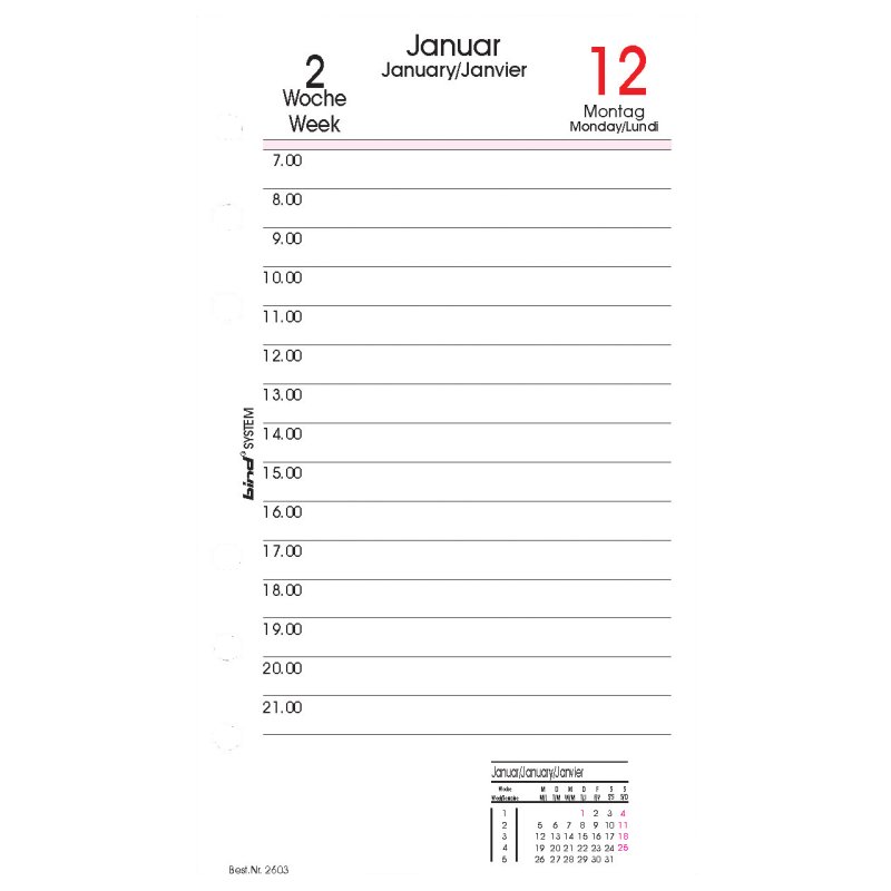 Bind vervangkalender A6 2027, 1 dag per pagina, zwart/roze