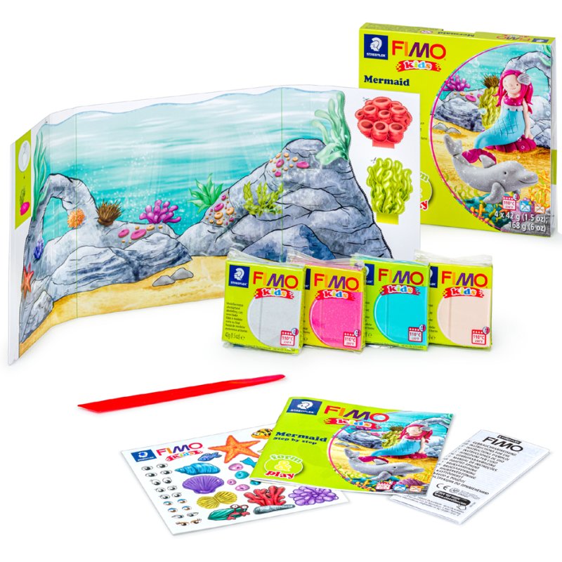 FIMO kids boetseerklei set zeemeermin en dolfijn, niveau 3, 4×42 g