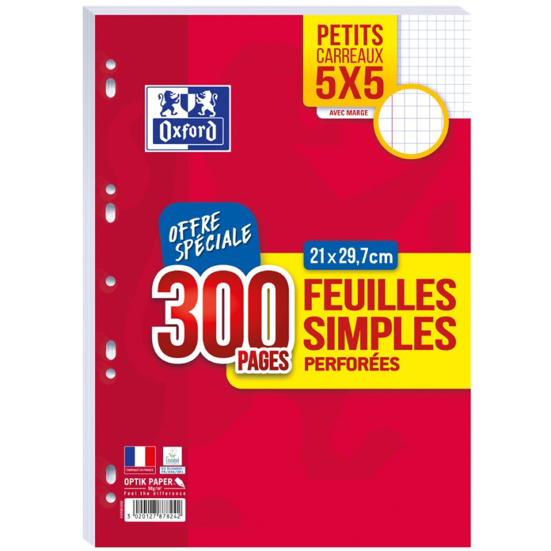 Oxford papier à reliure à anneaux, A4, quadrillé, 300 feuilles