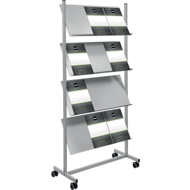 helit mobile presentation trolley the rolling show, silver, 12 x A4, 4 shelves, 75×39×158 cm