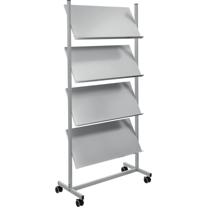helit mobile presentation trolley the rolling show, silver, 12 x A4, 4 shelves, 75×39×158 cm