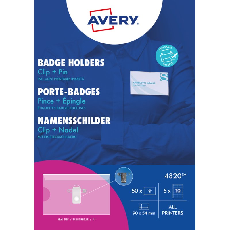 AVERY badge nominatif avec pince combinée, 90×54 mm, transparent, 50 pièces