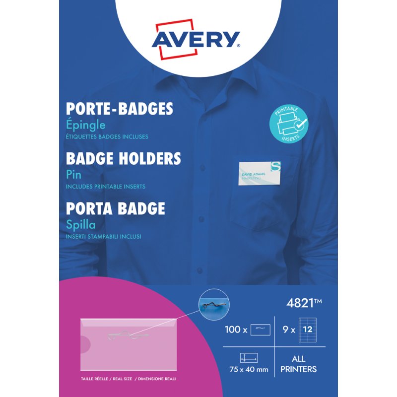 AVERY badge nominatif avec épingle de sécurité, 75×40 mm, transparent, 100 pièces