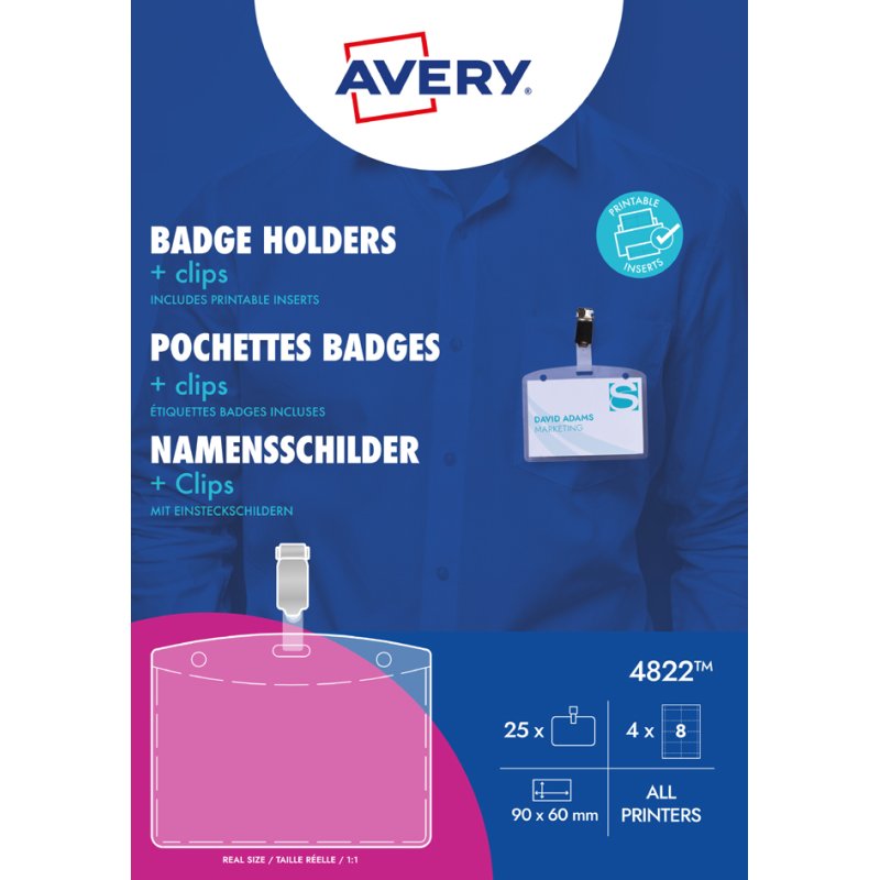 AVERY badge avec pince, 90 × 60 mm, transparent, 25 pièces